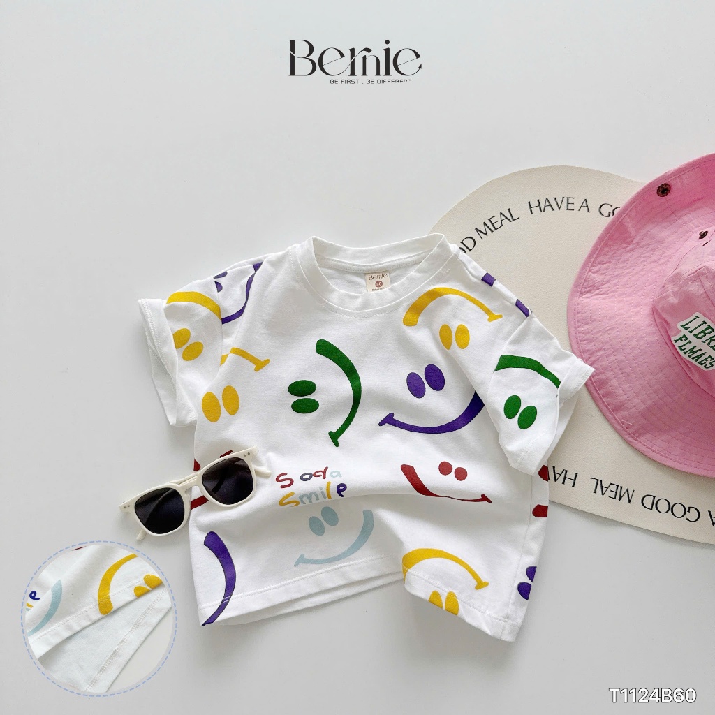 Bộ cotton hoạ tiết mặt cười phối quần bò bé trai, bộ cotton cộc tay mềm mịn cho bé