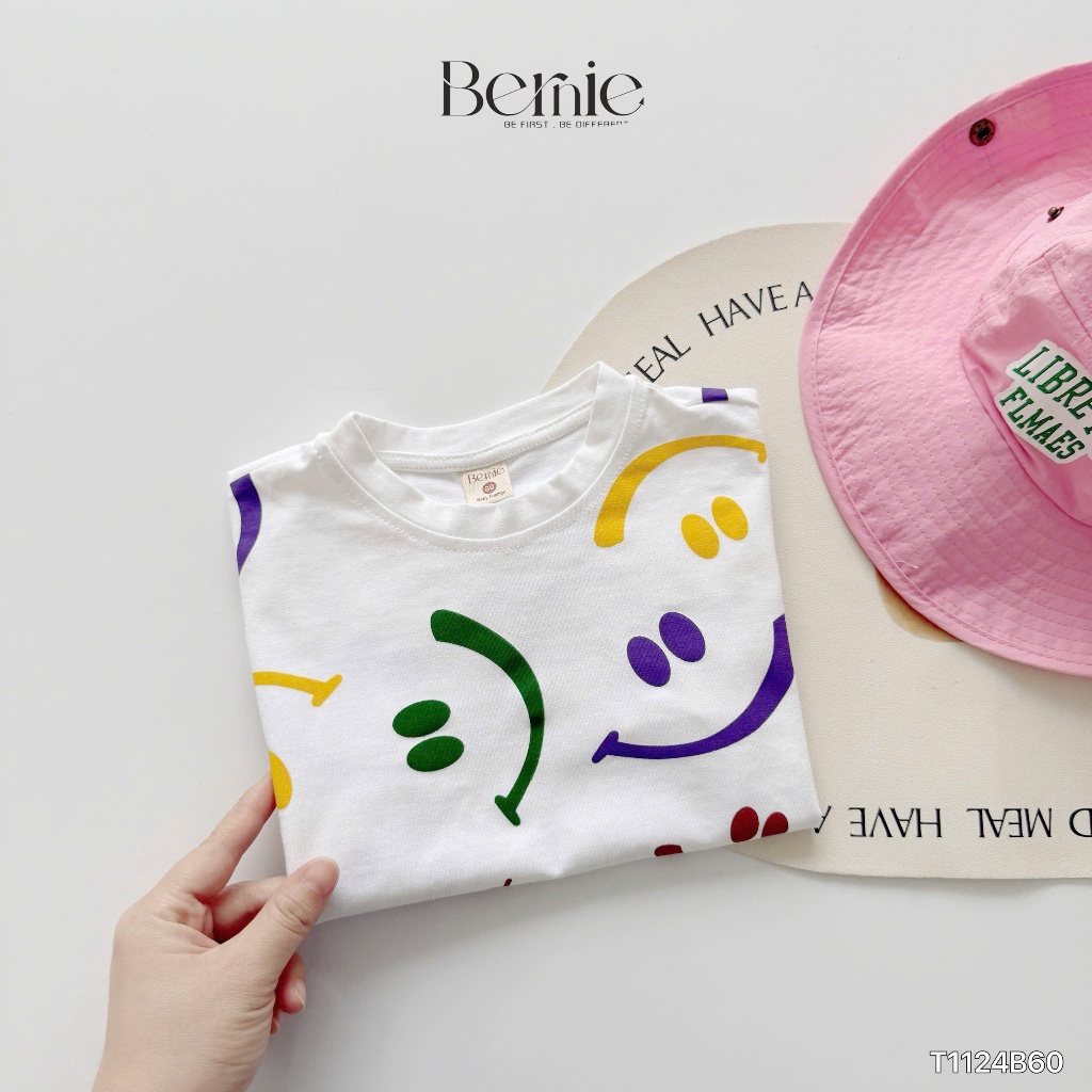 Bộ cotton hoạ tiết mặt cười phối quần bò bé trai, bộ cotton cộc tay mềm mịn cho bé