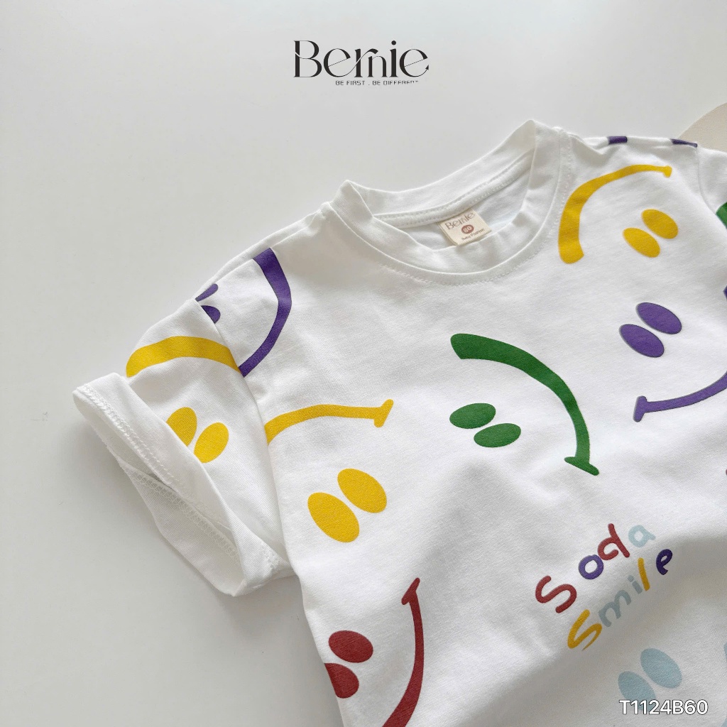Bộ cotton hoạ tiết mặt cười phối quần bò bé trai, bộ cotton cộc tay mềm mịn cho bé