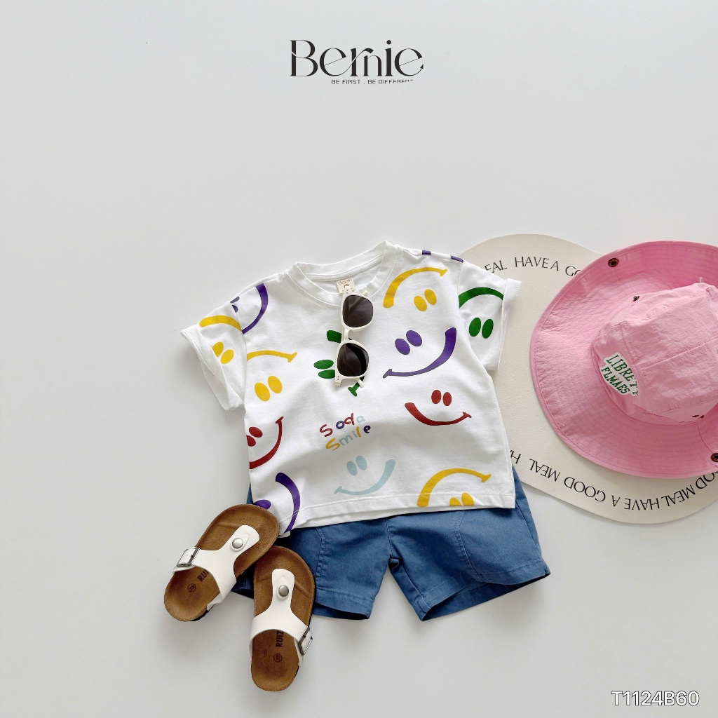 Bộ cotton hoạ tiết mặt cười phối quần bò bé trai, bộ cotton cộc tay mềm mịn cho bé