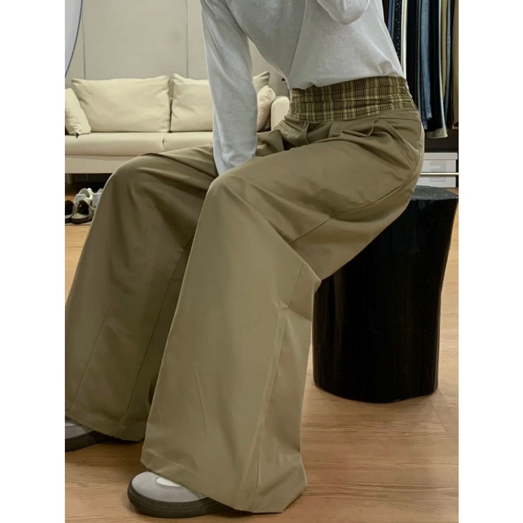 (SẴN)Quần kaki ống rộng màu be kết hợp cạp kẻ caro nắp túi phía sau QKK004 - Tiktik