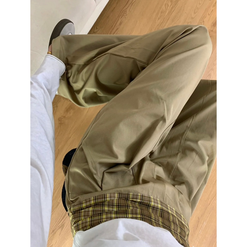 (SẴN)Quần kaki ống rộng màu be kết hợp cạp kẻ caro nắp túi phía sau QKK004 - Tiktik