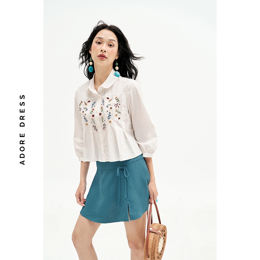Ảnh 511SH1013 - Áo Sơ mi thô bamboo trắng thêu hoa rơi ADORE DRESS 2