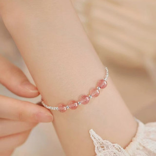 Vòng Tay Thạch Anh Dâu PJN Hạt Bạc Vỡ 925 Vòng Tay Charm Ngọc Hạt Ngọc Thạch Anh Phong Thủy VT08