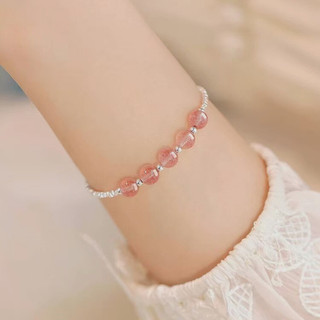 Vòng Tay Thạch Anh Dâu PJN Hạt Bạc Vỡ 925 Vòng Tay Charm Ngọc Hạt Ngọc Thạch Anh Phong Thủy VT08