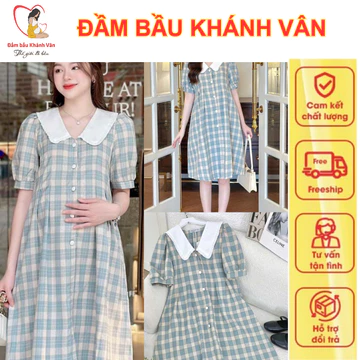 Đầm bầu, váy bầu cộc tay caro công sở dáng suông M09, đầm bầu dáng dài, đầm bầu thiết kế khám thai, đi làm