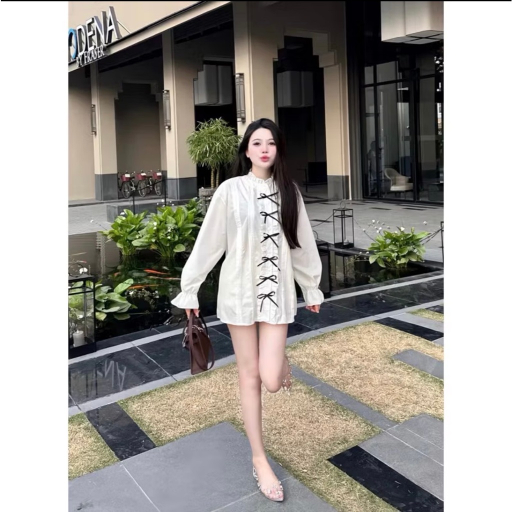 Áo sơ mi giấy giấu quần tay loe đính nơ trang trí, babydoll bánh bèo LABEL SM03