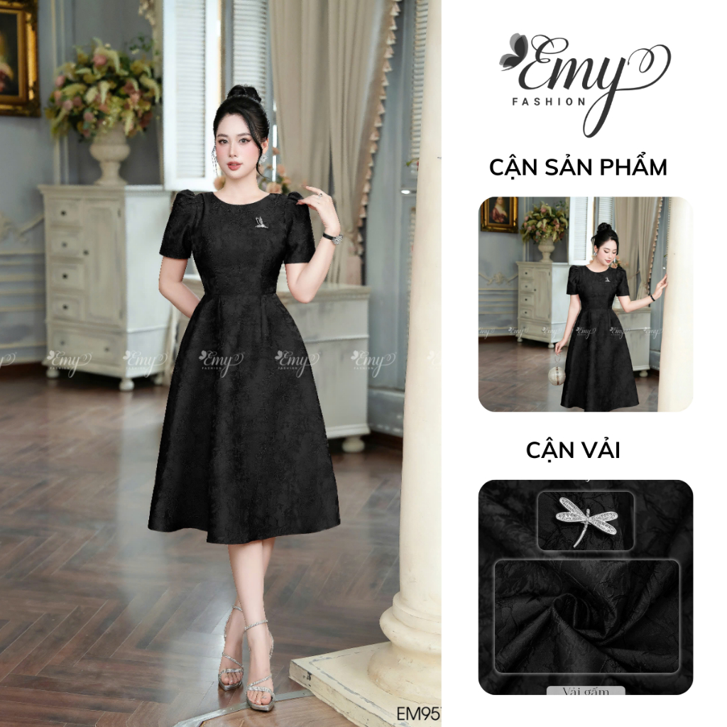 Ảnh Đầm Thiết Kế EMY Thời Trang Cao Cấp EM9573 Vải Gấm Taffta Vân Nổi Đen Sang Chảnh Đi Tiệc 4