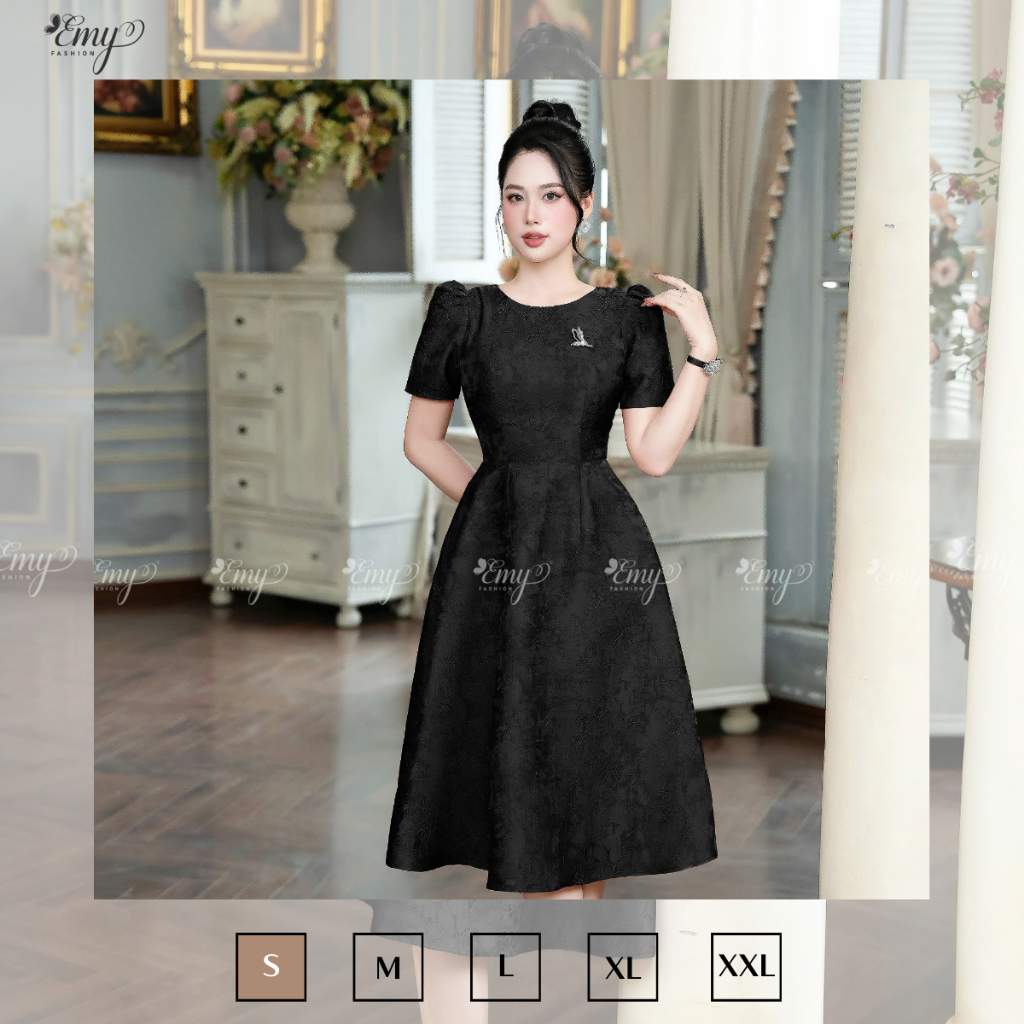 Ảnh Đầm Thiết Kế EMY Thời Trang Cao Cấp EM9573 Vải Gấm Taffta Vân Nổi Đen Sang Chảnh Đi Tiệc 1