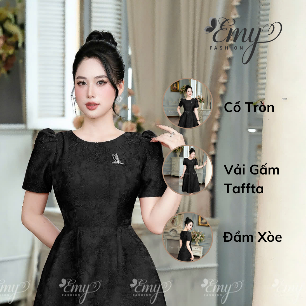 Ảnh Đầm Thiết Kế EMY Thời Trang Cao Cấp EM9573 Vải Gấm Taffta Vân Nổi Đen Sang Chảnh Đi Tiệc 2