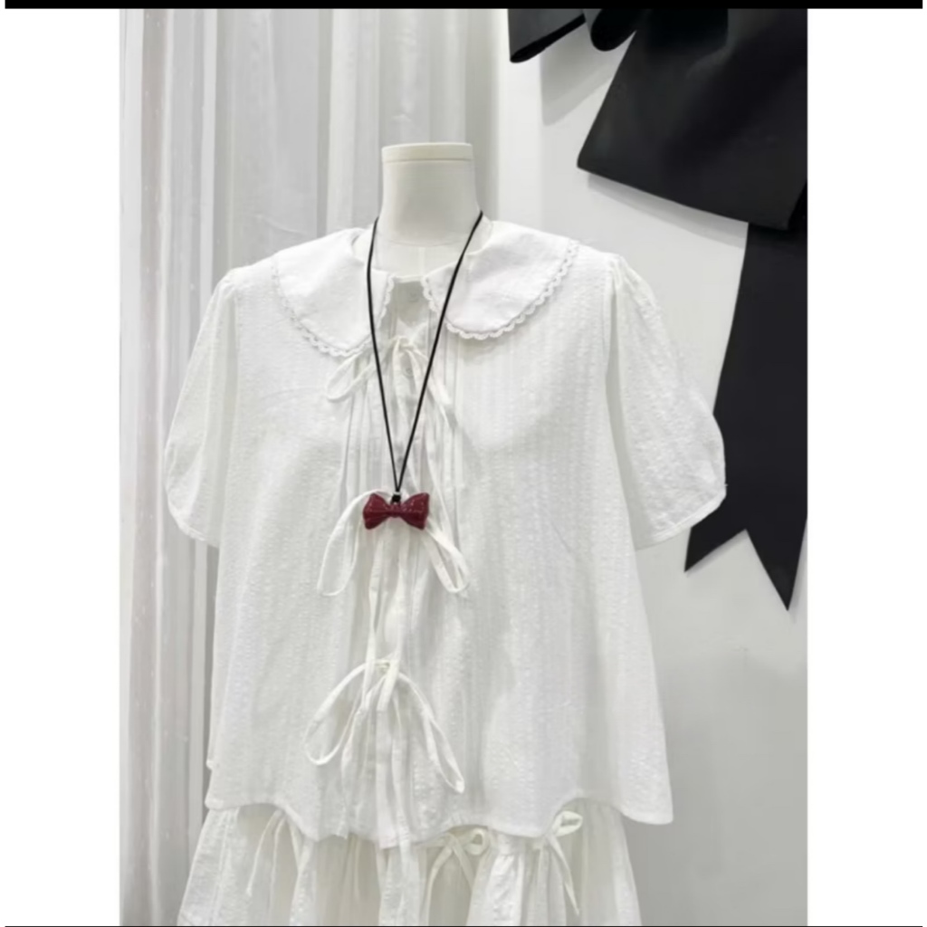 Set áo babydoll cổ ren buộc nơ kèm chân váy cạp chun basic dễ mặc LABEL S003
