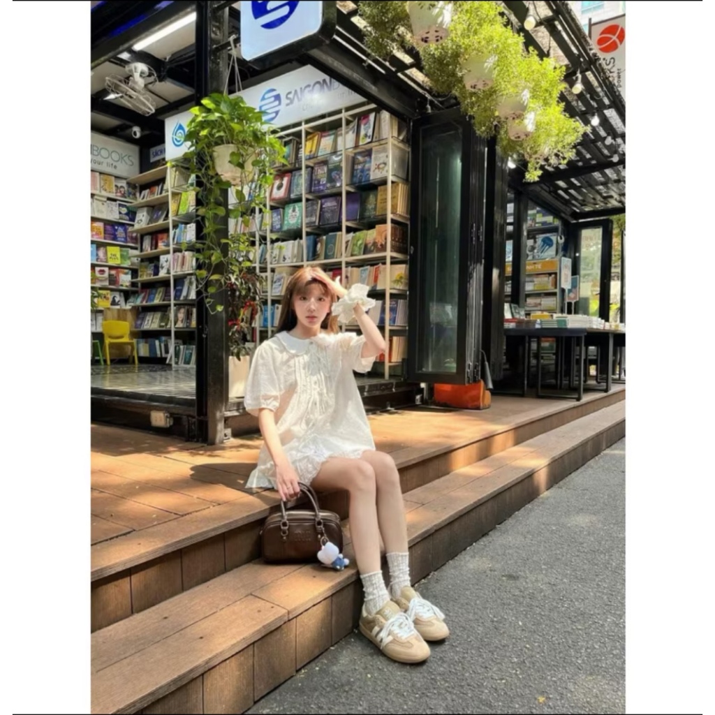 Set áo babydoll cổ ren buộc nơ kèm chân váy cạp chun basic dễ mặc LABEL S003