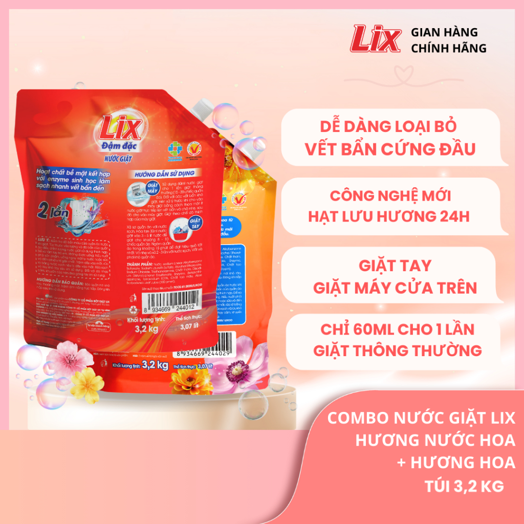 Ảnh Combo 2 túi nước giặt Lix đậm đặc hương nước hoa và hương hoa 3.2Kg thơm tho khử mùi nấm mốc, NGH47+NG003 Lixco Việt Nam 2