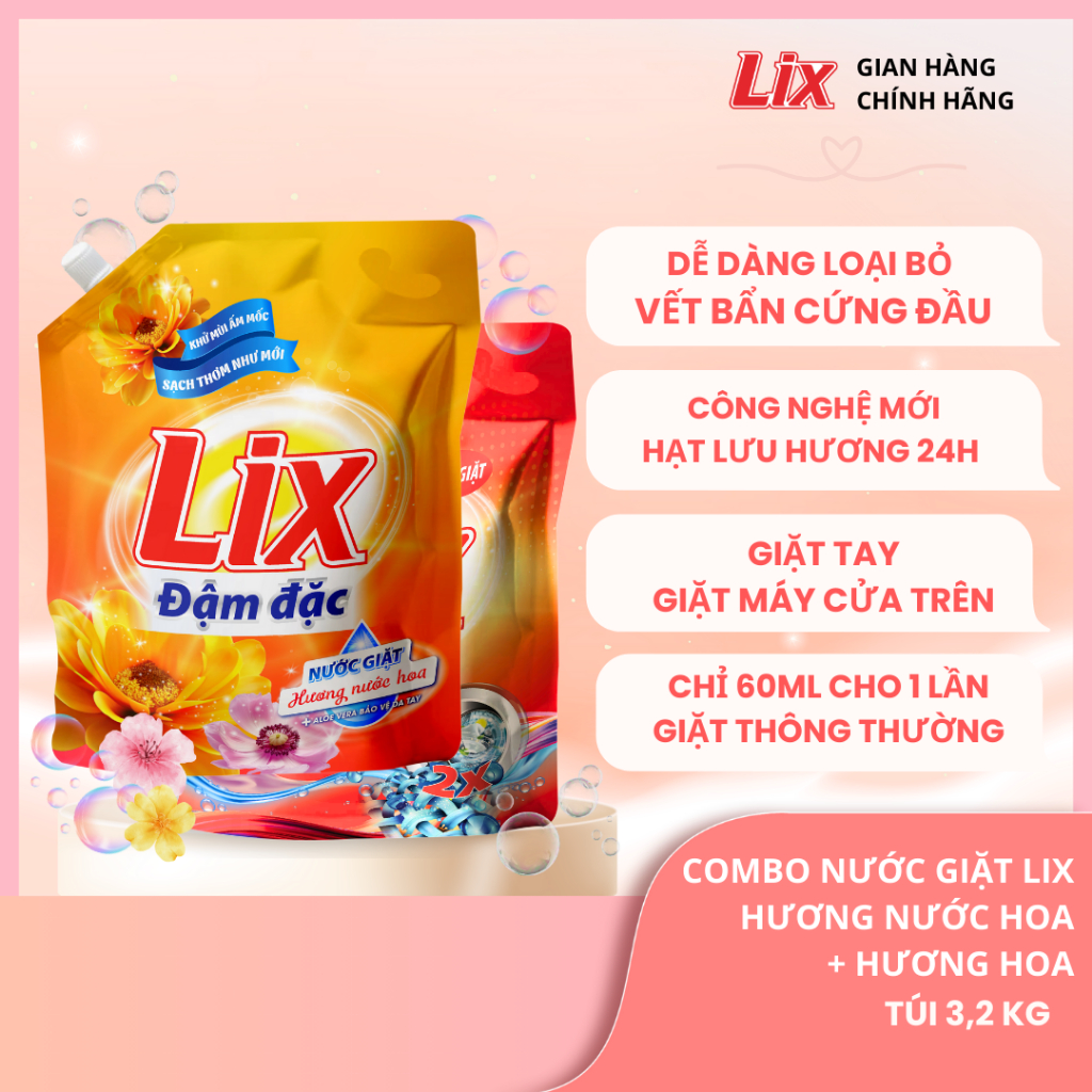 Ảnh Combo 2 túi nước giặt Lix đậm đặc hương nước hoa và hương hoa 3.2Kg thơm tho khử mùi nấm mốc, NGH47+NG003 Lixco Việt Nam 1