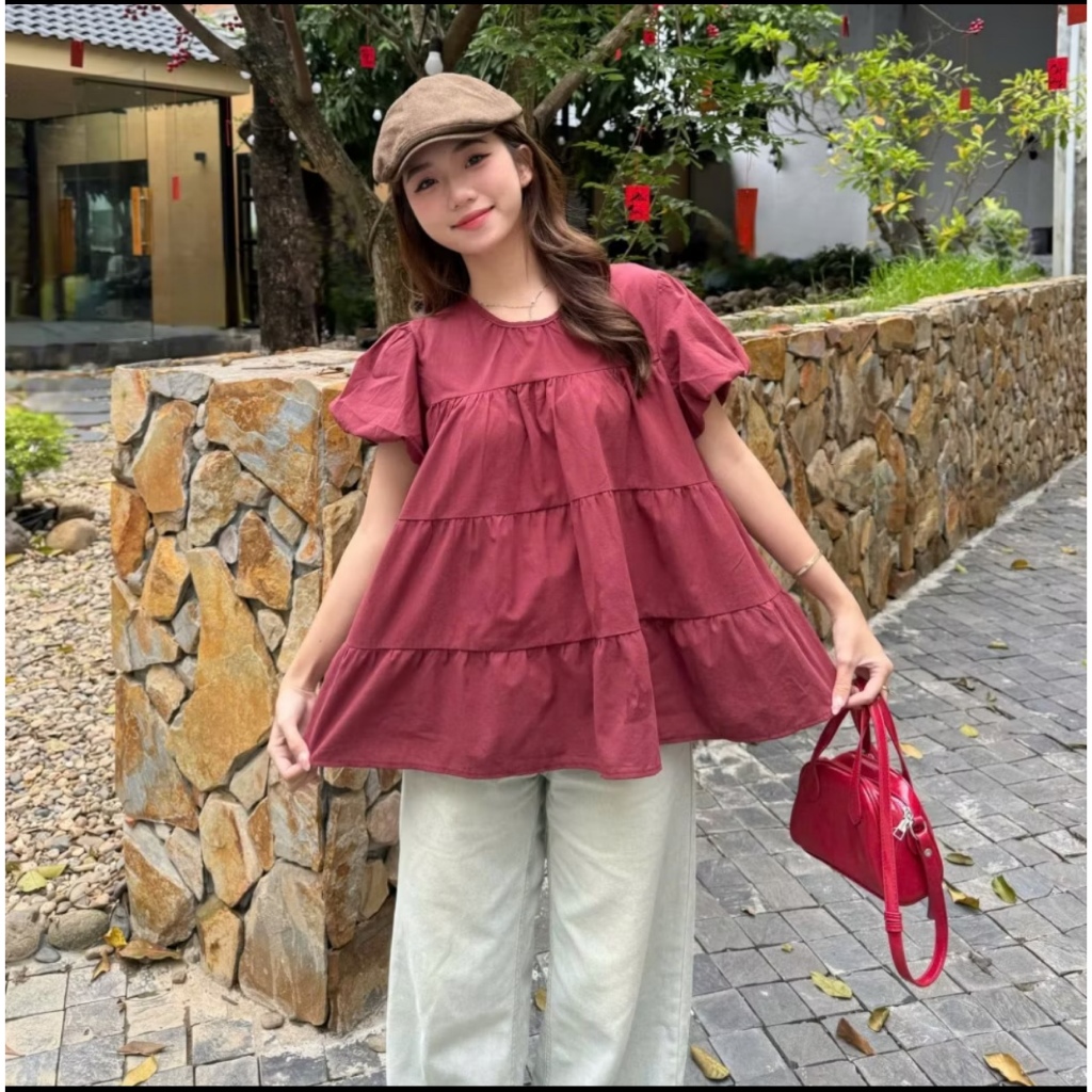 Áo babydoll siêu xinh tay bồng nhiều màu dễ phối đồ freesize dưới 56kg LABEL  A04