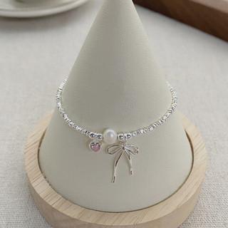 Vòng Tay Bạc S925 Nữ PJN Hạt Vỡ Mix Charm Nơ,Lắc Tay Trái Tim Hồng Điểm Trai Nước Ngọt Nữ Tính Dành Cho Nữ VT18