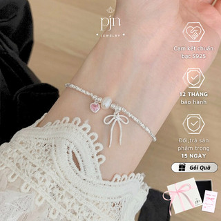 Vòng Tay Bạc S925 Nữ PJN Hạt Vỡ Mix Charm Nơ,Lắc Tay Trái Tim Hồng Điểm Trai Nước Ngọt Nữ Tính Dành Cho Nữ VT18