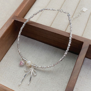 Vòng Tay Bạc S925 Nữ PJN Hạt Vỡ Mix Charm Nơ,Lắc Tay Trái Tim Hồng Điểm Trai Nước Ngọt Nữ Tính Dành Cho Nữ VT18