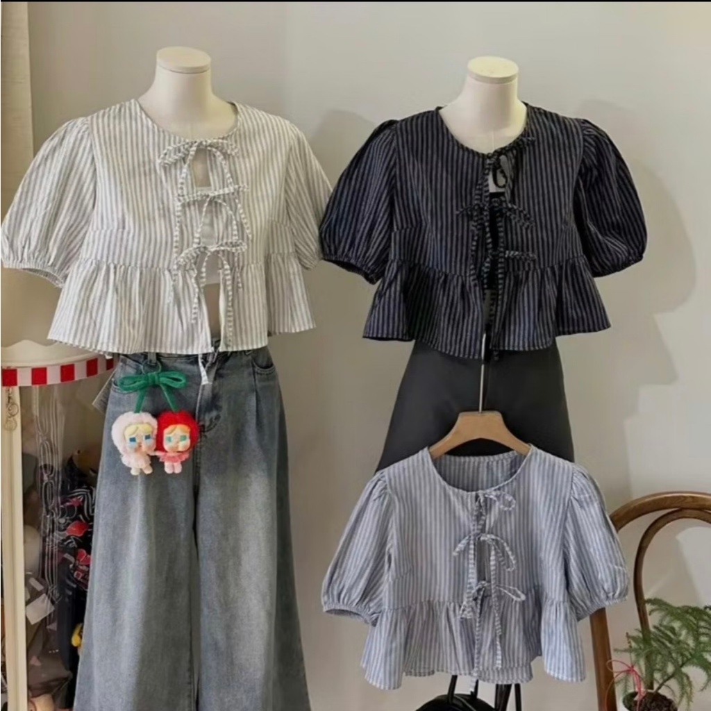 Áo babydoll kẻ buộc nơ kèm áo quây trắng, dáng ngắn tay nỡ bo chun LABEL  A18