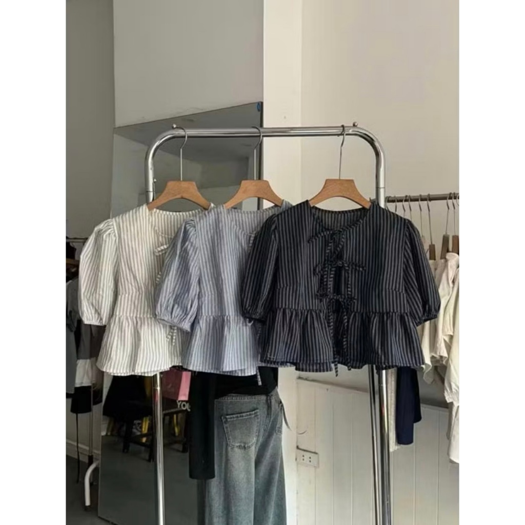 Áo babydoll kẻ buộc nơ kèm áo quây trắng, dáng ngắn tay nỡ bo chun LABEL  A18