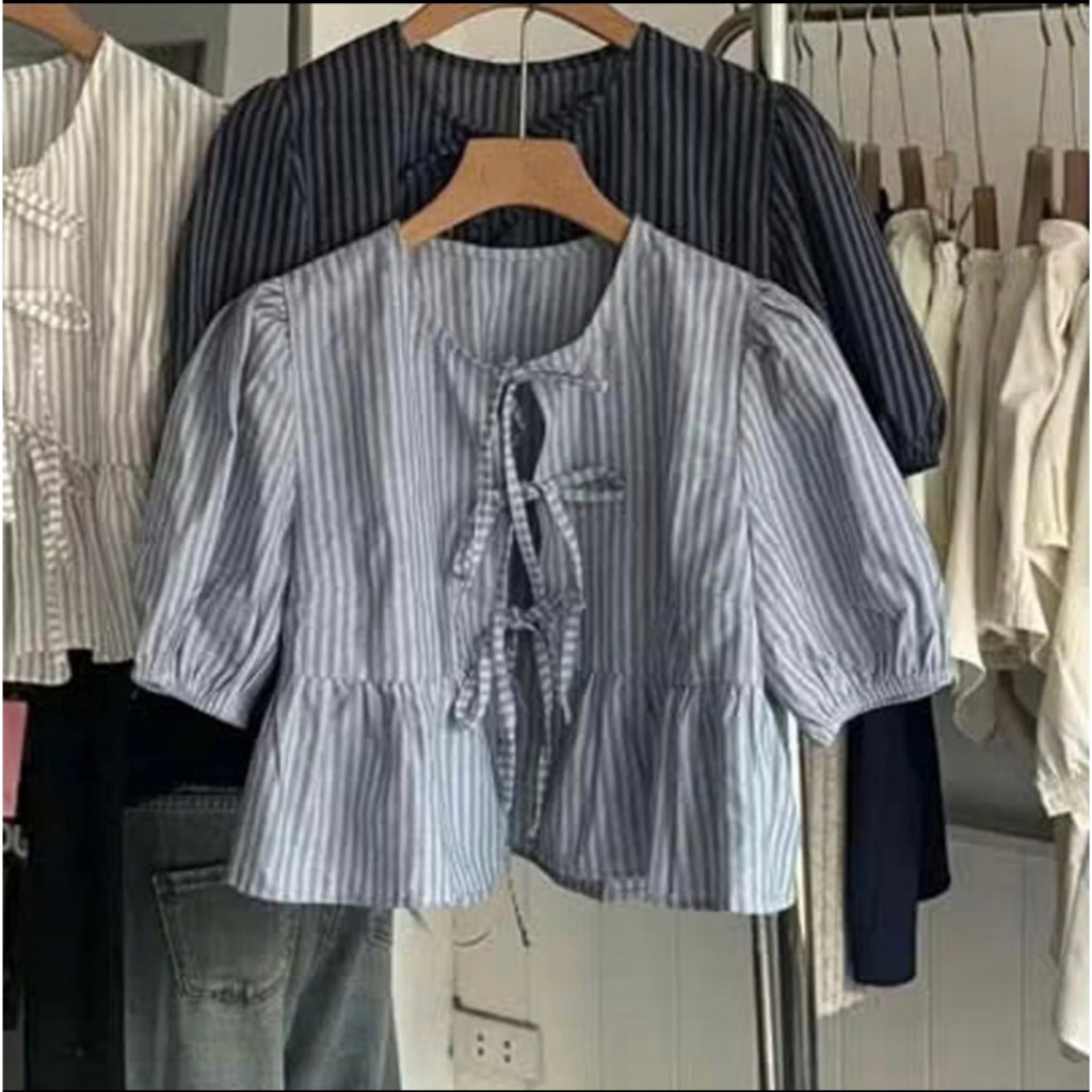 Áo babydoll kẻ buộc nơ kèm áo quây trắng, dáng ngắn tay nỡ bo chun LABEL  A18