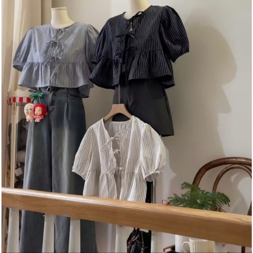 Áo babydoll kẻ buộc nơ kèm áo quây trắng, dáng ngắn tay nỡ bo chun LABEL  A18