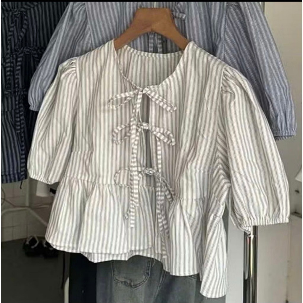 Áo babydoll kẻ buộc nơ kèm áo quây trắng, dáng ngắn tay nỡ bo chun LABEL  A18