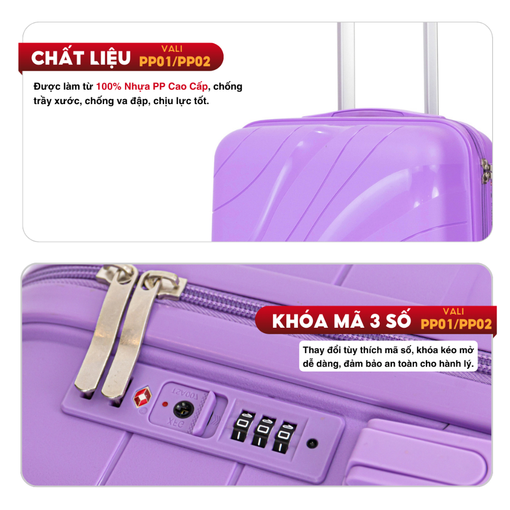 Vali du lịch Chống vỡ Kingsun PP01/PP02 nhựa PP cao cấp, khóa kéo Size 20/24/28, Bảo hành 5 năm