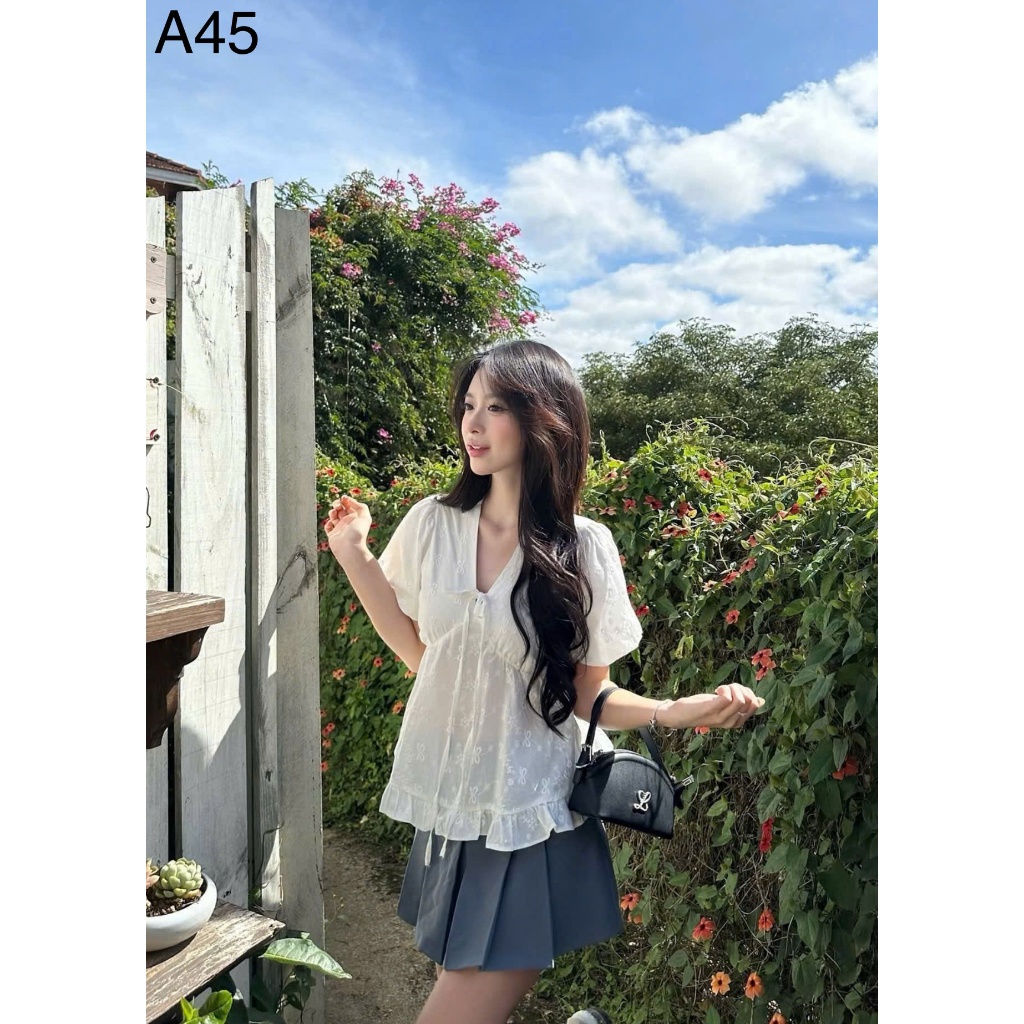 Áo babydoll tay phồng cổ V buộc nơ bánh bèo LABEL  A45