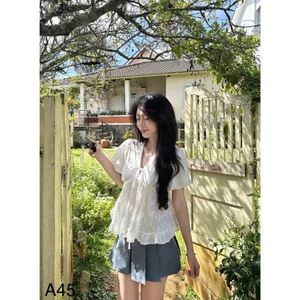 Áo babydoll tay phồng cổ V buộc nơ bánh bèo LABEL A45