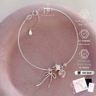 Vòng Tay Lắc Tay Bạc 925 PJN Hạt Bạc Mix Charm Nơ Hình Ngôi Sao Dây Mì Trái Tim Hồng Phòng Cách Dành Cho Nữ VT05-VC03