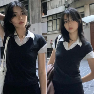 Áo polo thun ngắn tay màu đen layer cổ sơ mi trắng ATNT004 - Tiktik