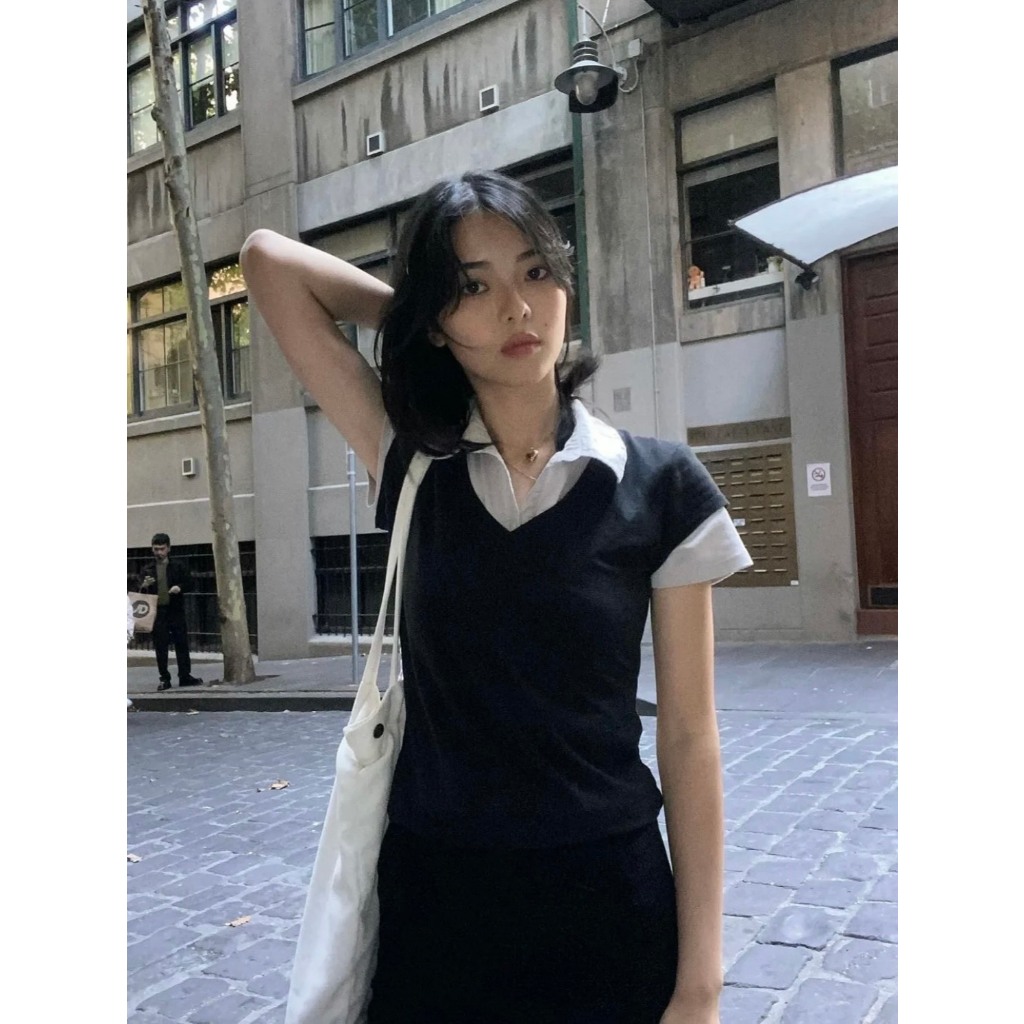 Áo polo thun ngắn tay màu đen layer cổ sơ mi trắng ATNT004 - Tiktik