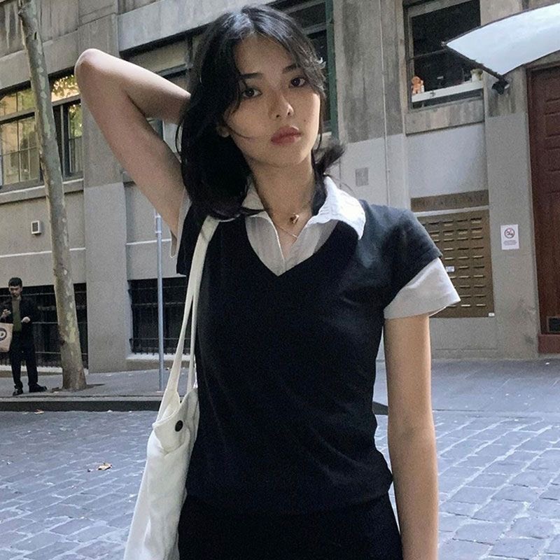 Áo polo thun ngắn tay màu đen layer cổ sơ mi trắng ATNT004 - Tiktik