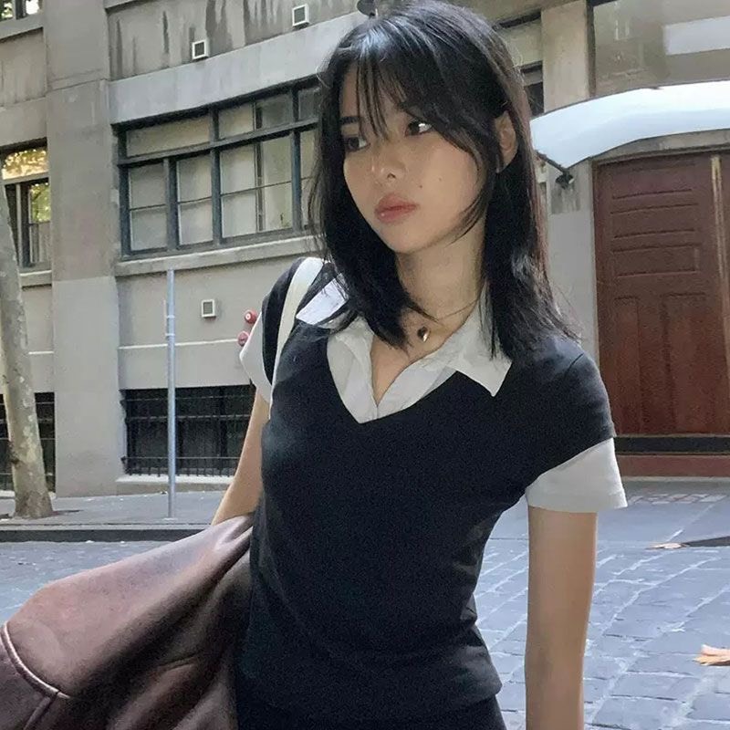 Áo polo thun ngắn tay màu đen layer cổ sơ mi trắng ATNT004 - Tiktik