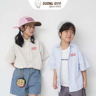Áo sơ mi kẻ cotton bé trai thêu chữ PARTTIME INTROVERT size 12-38KG style Hàn Quốc  | Dương Oyy 011224195