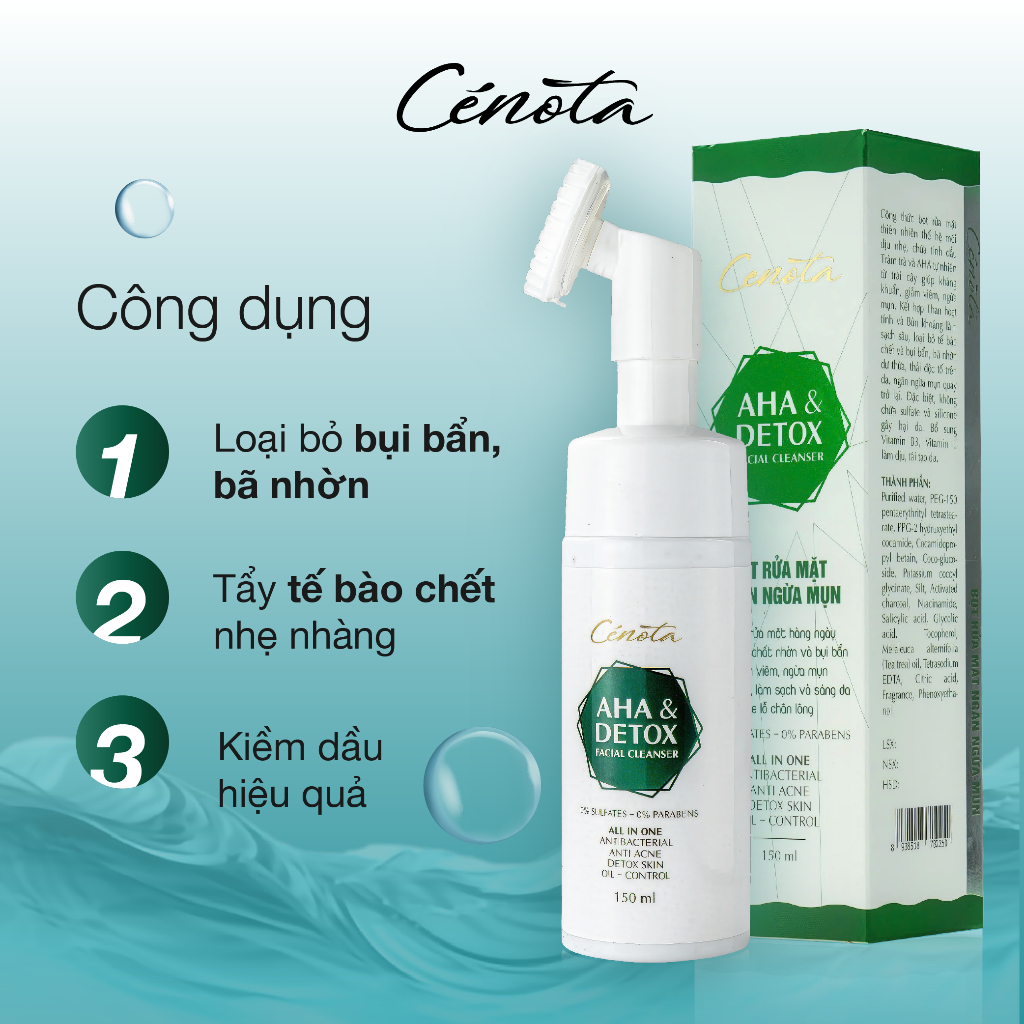 Ảnh Bọt Rửa Mặt Ngừa Mụn Unisex CENOTA AHA & DETOX 150ml, Sữa Rửa Mặt Kiềm Dầu 2