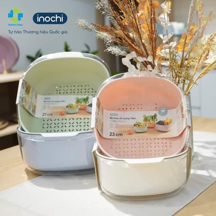 Bộ thau rổ vuông Inochi - Yoko, hai lớp đựng trái cây, rau củ siêu xinh ...