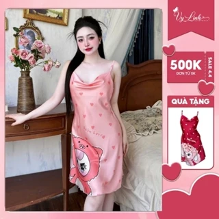 Đầm ngủ dây cổ đổ Vy Linh chất liệu lụa latin họa tiết 3D xinh xắn thoáng mát, mềm mại S1296