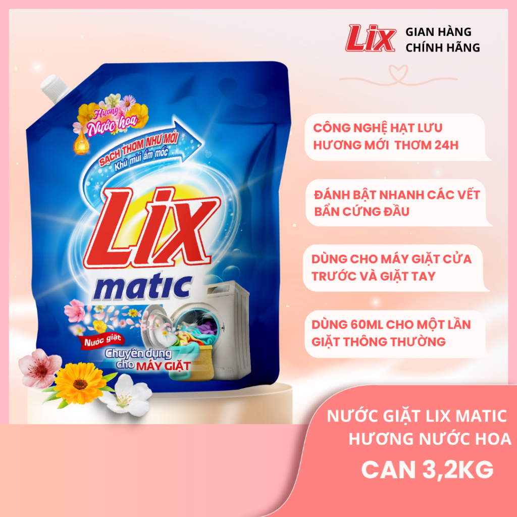 Ảnh Combo 2 túi nước giặt Lix Matic hương nước hoa 3,2kg/ túi, sạch thơm như mới tặng 1 nước lau bếp On1, 2C-NGM04+N6701 2