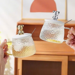CỐC ĐỰNG NƯỚC CÓ QUAI CẦM KÈM THÌA TIỆN LỢI - Cốc Thuỷ Tinh 500ml Chịu Nhiệt Tốt,Ly Thủy Tinh Nắp Gấu Trong Suốt