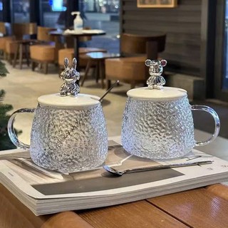 CỐC ĐỰNG NƯỚC CÓ QUAI CẦM KÈM THÌA TIỆN LỢI - Cốc Thuỷ Tinh 500ml Chịu Nhiệt Tốt,Ly Thủy Tinh Nắp Gấu Trong Suốt