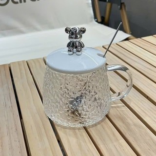 CỐC ĐỰNG NƯỚC CÓ QUAI CẦM KÈM THÌA TIỆN LỢI - Cốc Thuỷ Tinh 500ml Chịu Nhiệt Tốt,Ly Thủy Tinh Nắp Gấu Trong Suốt
