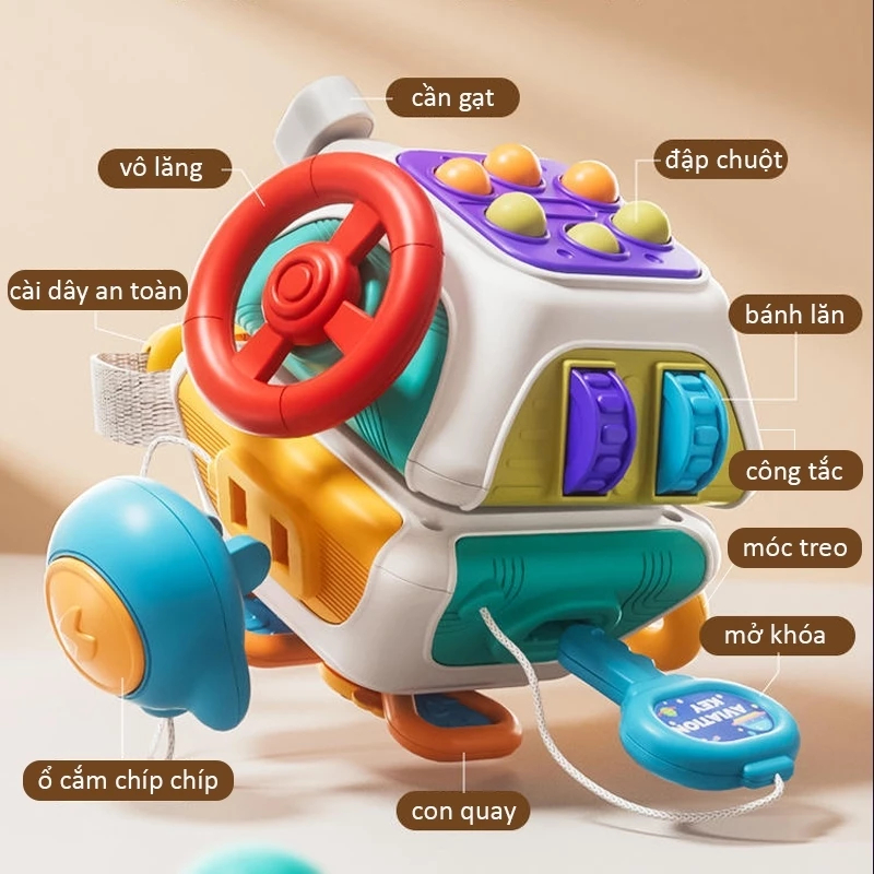 Khối bận rộn có 10 mặt chủ đề, hộp bận rộn 10 trò chơi phát triển giác quan và tư duy cho bé