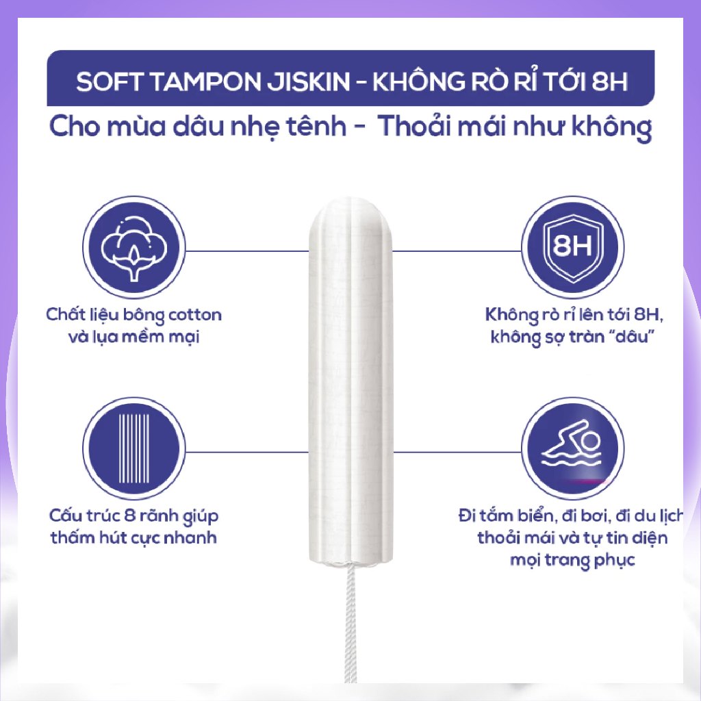 Băng vệ sinh Tampon Jiskin dạng ống nhập khẩu Hàn Quốc Fullsize mềm mại, siêu thấm, tự tin đi biển đi bơi