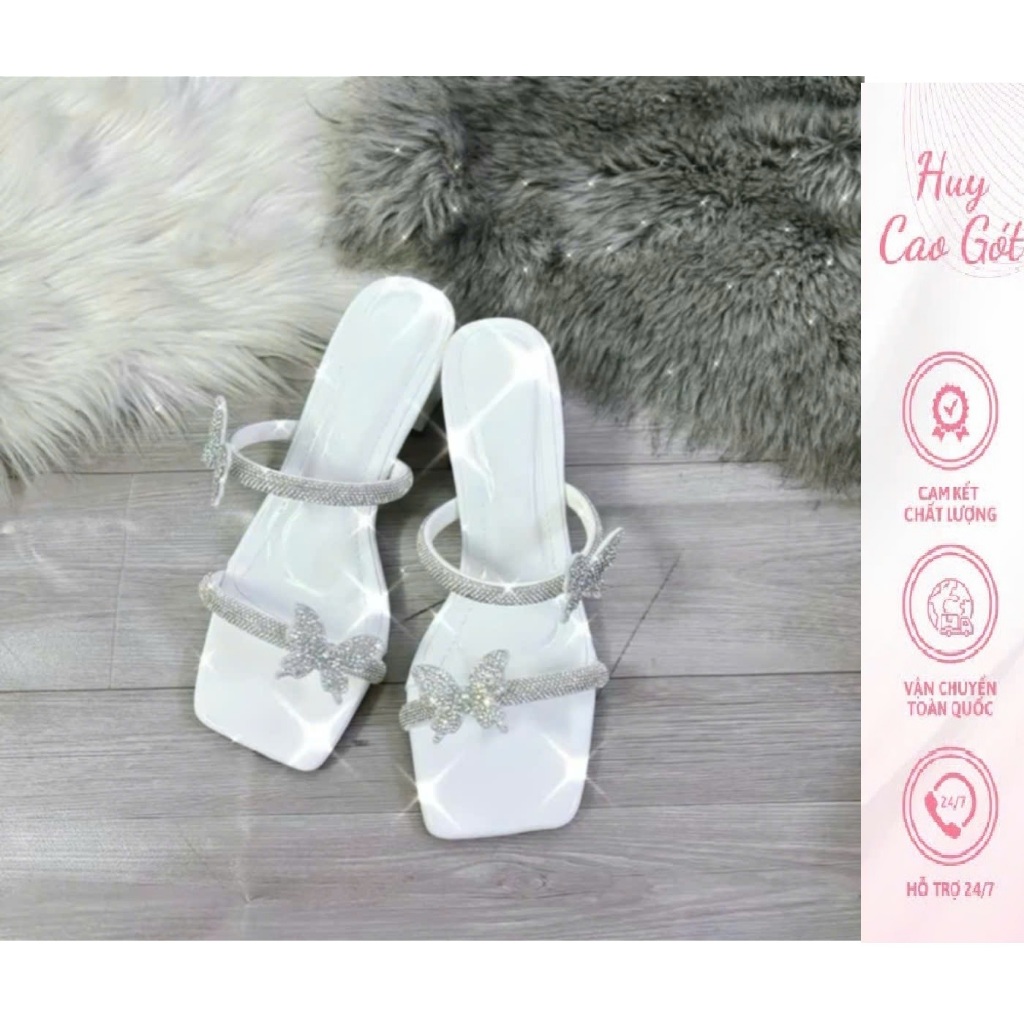 Guốc 2 dây đá ngang đính đá hồ điệp, cao gót 5p trẻ trung sang chảnh - Freeship toàn quốc