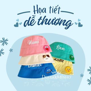 Mũ Bucket Thêu Tên Cho Bé 6 Tháng - 2 Tuổi, Che Nắng, Cotton Thoáng Mát, Họa Tiết Cute, Siêu Xinh