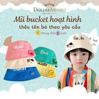 Mũ Bucket Thêu Tên Cho Bé 6 Tháng - 2 Tuổi, Che Nắng, Cotton Thoáng Mát, Họa Tiết Cute, Siêu Xinh