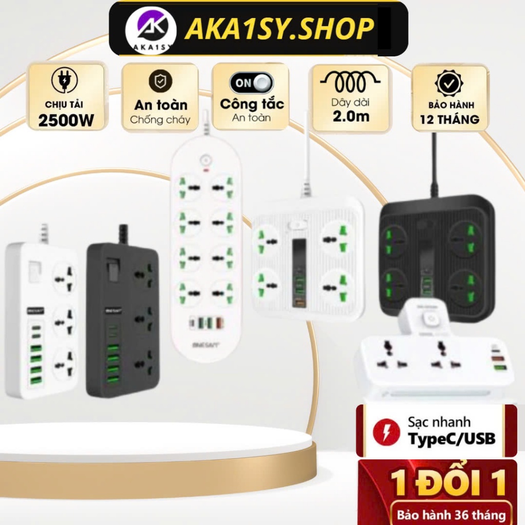 Ổ Cắm Điện Đa Năng Thông Minh,Chịu Tải 3000W,Chống Cháy Nổ,Chống Giật,Quá Tải Tự Ngắt,Dây 2m,Kèm Cổng Sạc USB TypeC