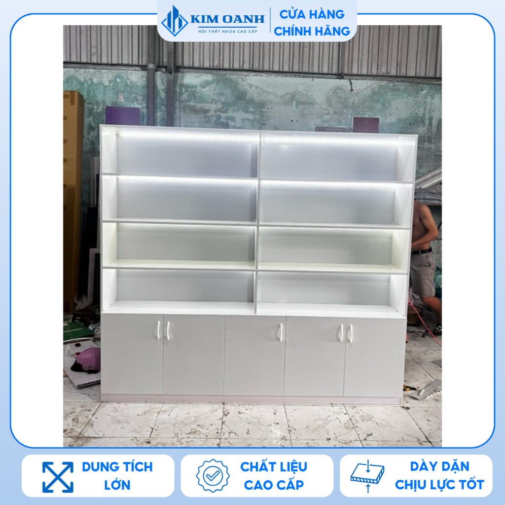Tủ Kệ Trưng Bày Nhựa Đài Loan Sẵn Led 2m- Nhận Theo Yêu Cầu Freeship